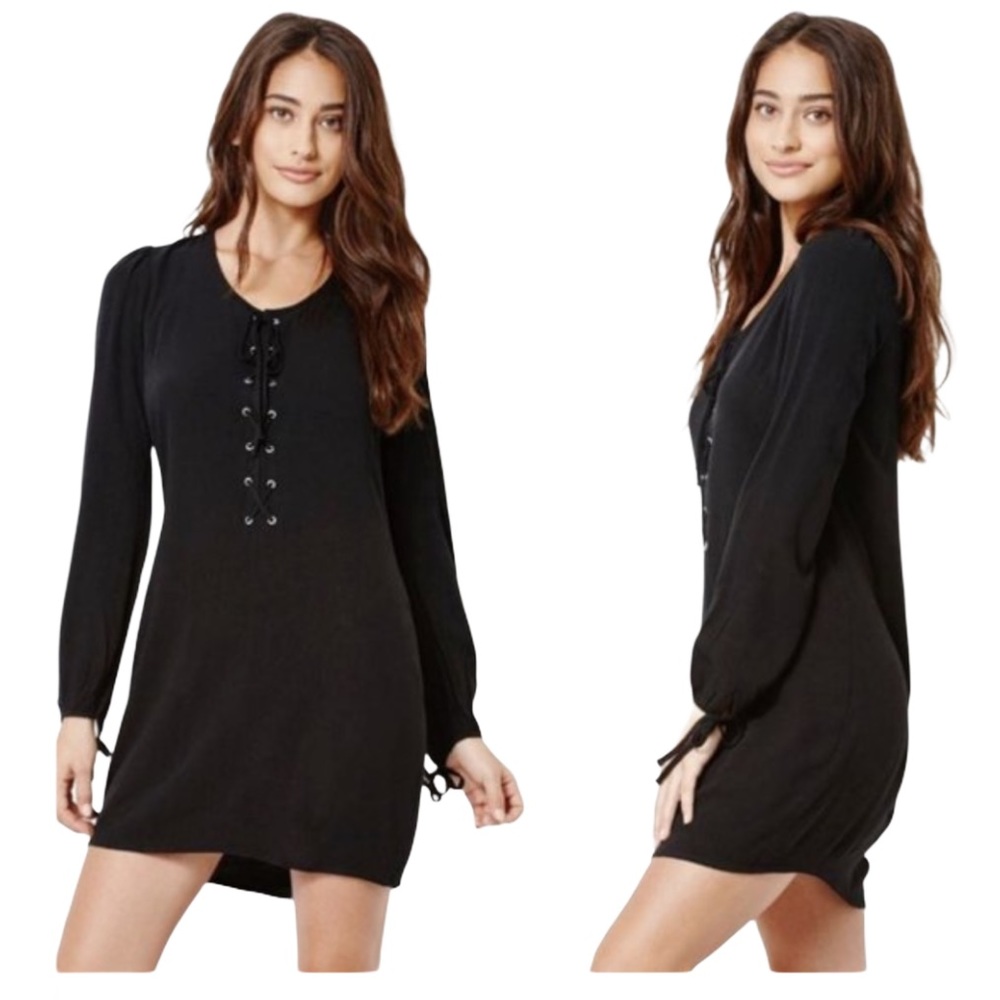 Kendall + Kylie | Black Lace Up Long Sleeve Dress